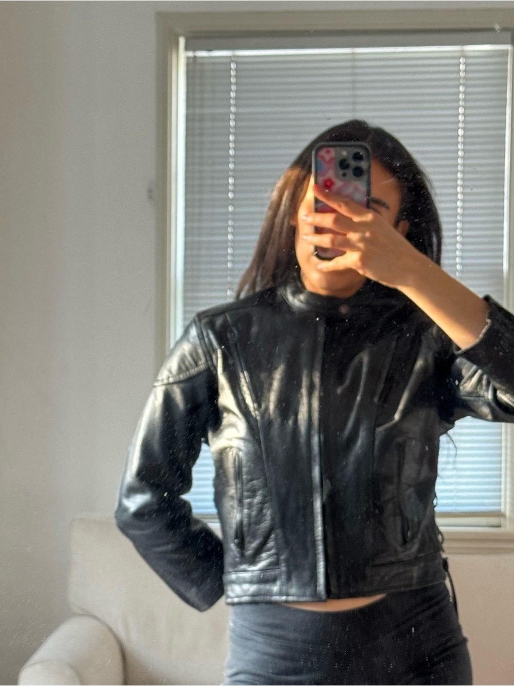 Vintage Black Leather Motorcycle Jacket with Lace-Up Sides